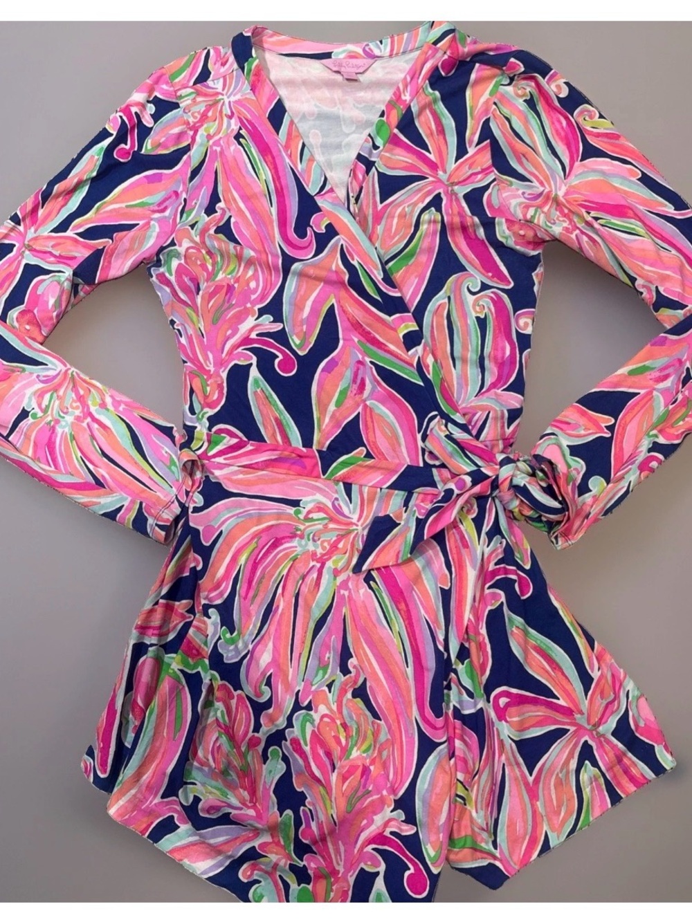 Lilly Pulitzer Romper Women's L Banana Flambé Tiki Faux Wrap Beachy Tropical
